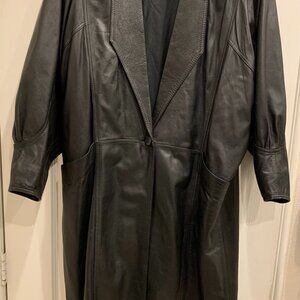 Vintage SZ Large Women’s Long Black Genuine Leather Trench Coat